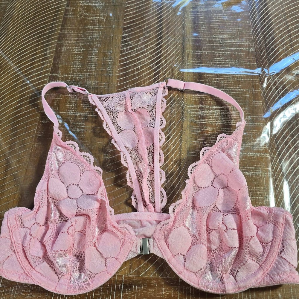 Aerie Pink Floral Lace Racerback Front Clasp Underwire Bralette 32C 5905052234